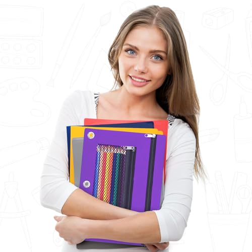 Image of Pencil Pouch for 3 Ring Binder - 3 Hole Zipper Pen Case Bag Holder Bulk Accessories Clear Window Aesthetic Organizer Pockets