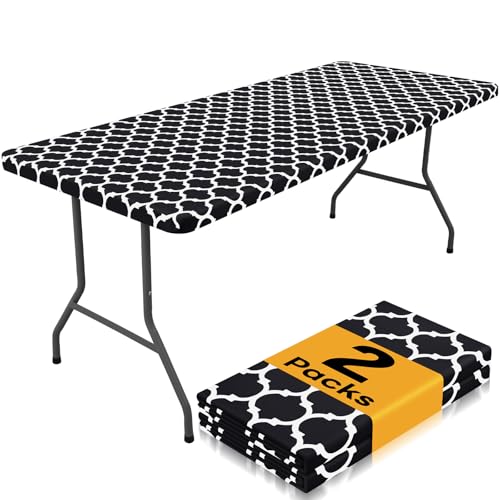 Smiry 2 Pack Rectangle Table Cloth 6 Foot, Waterproof Elastic Fitted Tablecloths, Windproof Washable Polyester Table Cover for Picnic, Camping, Outdoor (Black, 30
