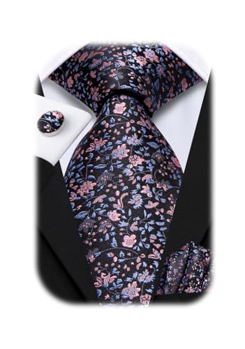 Image of Hi-Tie Paisley Floral Ties Set for Men Silk Mens Stripes Necktie Pocket Square Cufflinks Set Formal Business