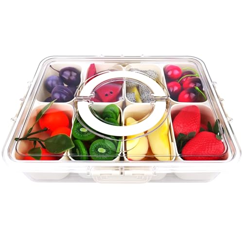 Divided Serving Tray with Lid and Handle: Portable Snackle Box Charcuterie Container & Snack Platters Clear Organizer & Snack Tray for Fruits Candy Nuts Snacks Travel Picnic