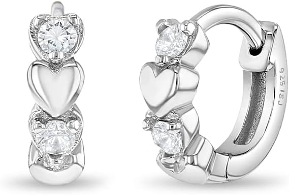 925 Sterling Silver Shining Cubic Zirconia Heart Huggie Hoop Earrings for Toddlers & Little Girls 10mm - Beautiful Heart Themed Jewelry Gift for Children - Fashionable Earrings for Toddlers