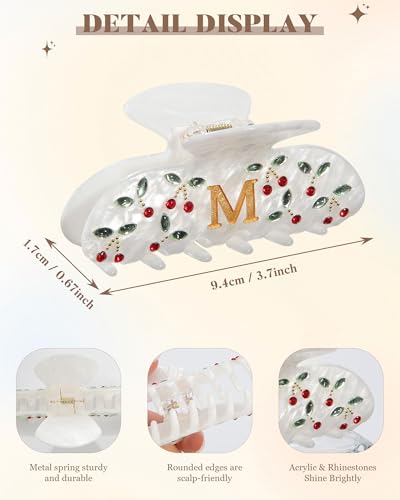 Image of CHLINS Initial Cherry Hair Clips for Women Girls - Cute Glitter Monogram Claw Clips with Rhinestone Cherry Print Hair Accessories, Ideal Birthday Bridesmaid Gifts for Teens Girls, Letter M