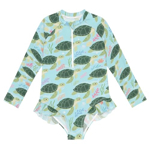 Sea Turtle Coral Pattern Girls Long Sleeve Swimsuit Rash Guard One Piece Bathing Suits Zipper 3-12T