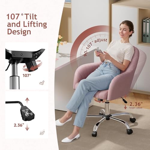 Image of Velvet Desk Chair for Home Office, Adjustable Swivel Task Chair Modern Computer Vanity Chairs with Arm Rest for Bedroom Living Room Make-up Room (Pink Light)