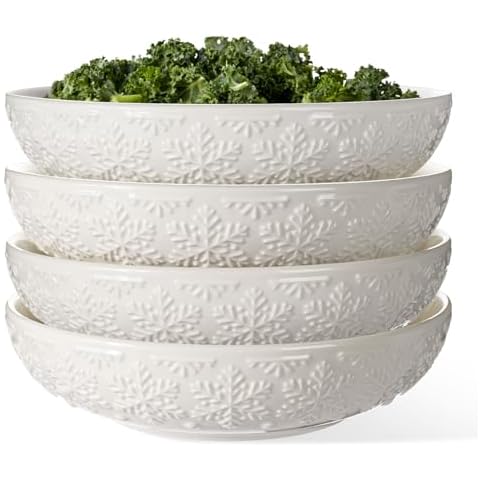 Wareland Large Dinner Plates Set of 4-10.75 Inch Ceramic Plates Embossed Salad Plates, Pasta Bowls, 32oz Salad Bowls Set of 4, White Ceramic Soup Bowls Embossment Large Serving Bowl Cover