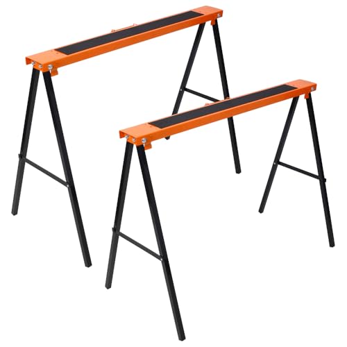 Saw Horses 2 Pack, Folding Portable Work Horse with Fast Open Legs, Convenient Handle, Heavy Duty Steel Sawhorse for Garage, Workshop, Fully Assembled (Orange + Black)