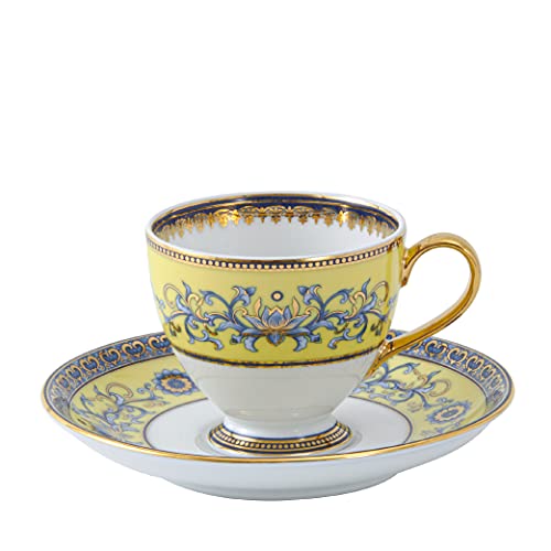 Minh Long I Elegant Vintage Print Premium Porcelain Coffee Cup with Handle and Saucer Set, Fine Dinnerware Home Tableware Hot Cold Drinks Serving Tea Latte Juice Drinking Mug Cups, Yellow & Blue