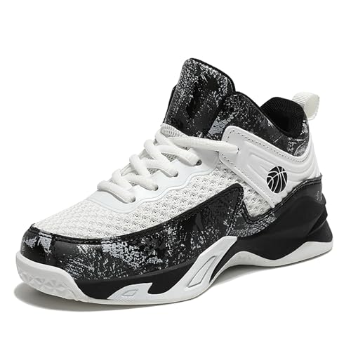 Hewcey Boys Basketball Shoes Lightweight Breathable Kids Basketball Sneakers Fashion Walking Tennis Shoes for Boys Girls White/Black