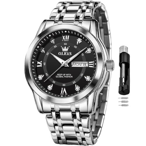 Image of OLEVS Watch for Men Classic Business Dress Analog Quartz Stainless Steel Waterproof Luminous Date Diamond Men Silver Watch