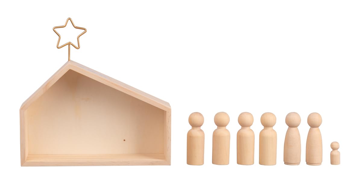 Rayher Wooden Nativity Scene Display, Modern Nativity Figures and Stable, 9 Pieces, Natural Wood, 22x5.6x21.5cm, 64539505