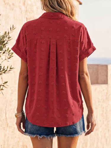 Tankaneo Womens Button Down Shirts Short Sleeve Summer Casual Blouses V Neck Swiss Dot Collared Shirt Tops — view 5