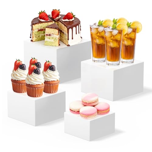 lameico Lot de 4 Présentoir à Gâteau, Présentoir à Dessert en Cubes Acryliques, Socle Blanc avec Bases Creuses, pour Table de Buffet, Mariage, Table de...