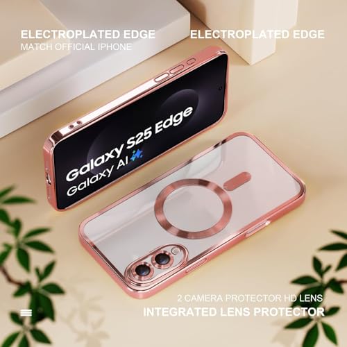 Image of VONZEE Clear Logo Electroplating Transparent Clear Case for Samsung Galaxy S25 Edge 5G, Magnetic Plating [Support for MagSafe Charger] Electroplate TPU Cover-Rose Gold