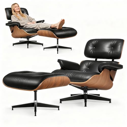 Asukale Echtleder-Entspannungssessel mit Fußhocker, Moderner Fernsehsessel, Drehbarer Chaiselongue mit Ottomane, Fester Neigungswinkel von 105°, Massiver Holzrahmen, Perfekt für Wohnzimmer & Büro