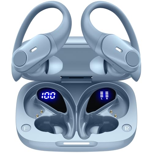 Image of Active Noise Cancelling Ear Buds Wireless Earbuds 80H Playtime Bluetooth Headphones with LED Display Case, Hi-Res Audio Clear Calls Earphones with Over Ear Hooks for Running Gym Workout Sierra Blue