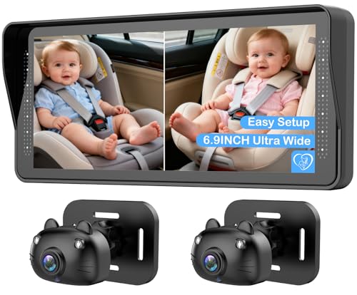 Image of Dual Baby Car Camera for 2 Kids - 6.9'' Split Screen Ultrawide HD Display with Two Cameras, Easy Setup, Rotatable Night Vision Cameras, Ideal for Parents, Grandparents, Safe & Clear Viewing