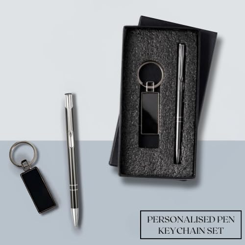 Image of Personalised Ball Pen and Keychain Gift Set, Black with Silver Clip, Corporate Gift