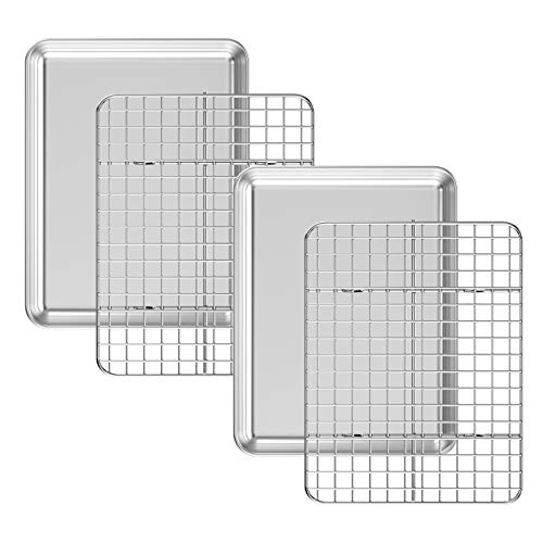 Baking Sheet with Cooling Rack Set [2 Sheets + 2 Racks], Deedro Stainless Steel Cookie Sheet Baking Pan Half Sheets Oven Tray with Rack, 10 x 8 x 1 Inch, Heavy Duty, Non-toxic, Dishwasher Safe