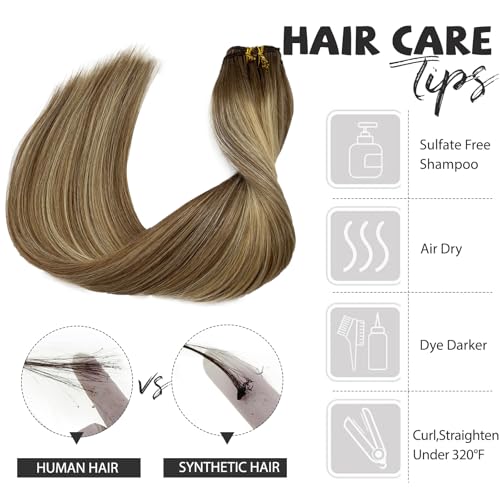 Image of Belaved Hair Extensions Clip in Human Hair Ombre Brown to Ash Brown and Bleach Blonde Balayage14 Inch 70g 5pcs 100% Remy Real Human Hair Clip in Extensions Straight Seamless Invisible 8T8P613