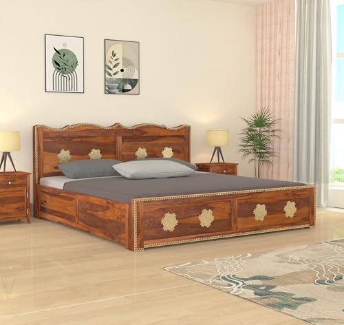 Image of Wooden King Size Bed with Storage | Double Bed Cot Bed with Box Storage and Traditional Brass Work for Bedroom & Hotel | Sheesham Wood | Honey Finish | Recommended Mattress Size: 78 X 72