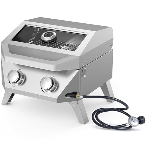 Image of Bestfire 2-Burner Tabletop Gas Grill with Viewing Glass Lid, 20,000 BTU Stainless Steel Portable Propane BBQ Grill, Built-in Thermometer & Push-Button Ignition, for Outdoor Camping, RV, Tailgating
