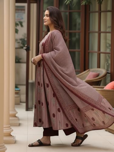 Image of GoSriKi Women's Rayon Viscose Printed Anarkali Kurta with Pant and Dupatta Set | Flared Ethnic Kurta Set for Women | Comfortable Traditional for Festive, Casual and Daily Use