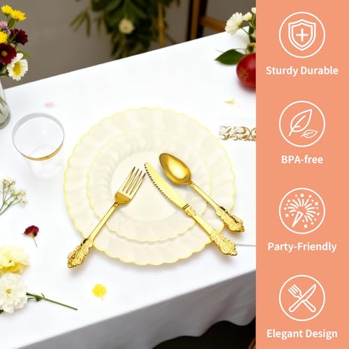 175 Pc Ivory Scalloped Plastic Plates Set | Complete Plates and Napkins Party Supplies for 25 Guests with Gold Cutlery, Cups & Napkins | Fancy Plastic Dinnerware Sets for Weddings (Beige-Set1) — view 5