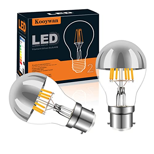 Image of KOOYWAN B22 Bayonet Silver Crown Light Bulb-Dimmable 6W A60 A Shape Decorative Classic LED Edison Bulb Silver Mirror Tipped Reflected Light 2700K Warm White-Pack of 2