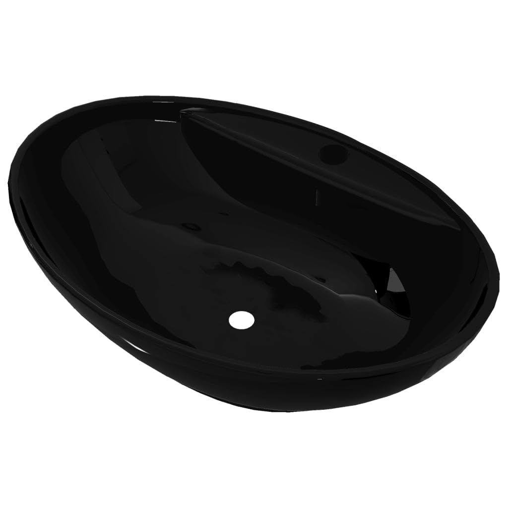 vidaXL Lavabo Ovalado con Agujero Desague Cerámica Negro Brillante Lavamanos