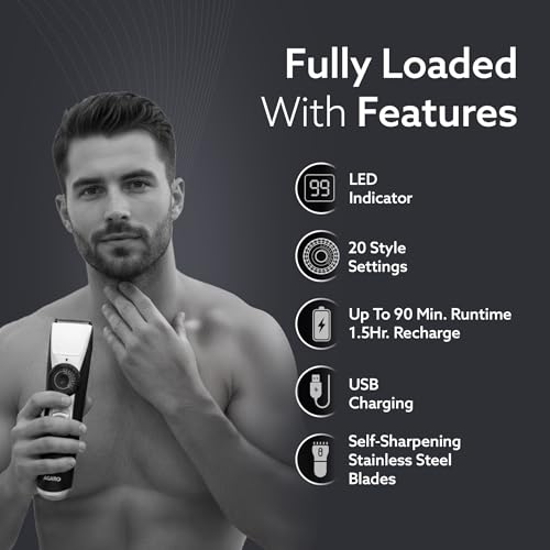 AGARO Beard Trimmer MT1155, Adjustable Beard Trimmer for Men with Precision Dial, USB Rechargeable, 20 Length Settings Mustache Trimmer for Mens Gifts view 2