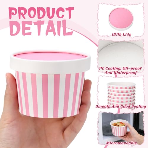 Image of Fulmoon 8 oz 100 Pack Paper Containers with Lids Soup Bowl Cup, Pink | Disposable Ice Cream Cup, Kraft Food Containers with Vented Lid Stackable for Hot Soup Dessert Cake Fruit Microwave Takeout