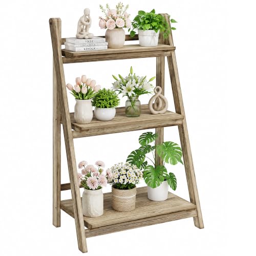 Mugovelo Ladder Shelf 3-Tier Foldable Wooden Ladder Bookshelf Plant Stand