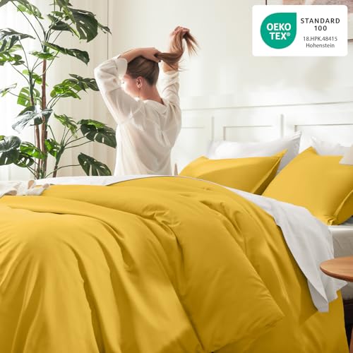 Image of Litanika Mustard Yellow Comforter Set Queen Size, 3 Pieces Lightweight Solid Bedding Comforter Set, All Season Fluffy Bed Set (90x90In Comforter & 2 Pillowcases)