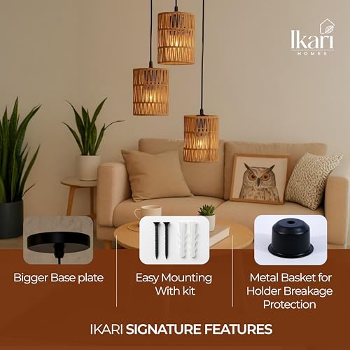 Image of Ikari Homes Rattan Chandelier 3 in1 Pendant Light, Natural Beige, Boho Style, E27 Base, Chandelier for living Room I Dining I Bedroom I Balcony I Adjustable Wire - (Bulbs not included) (Zig Zag Plain)