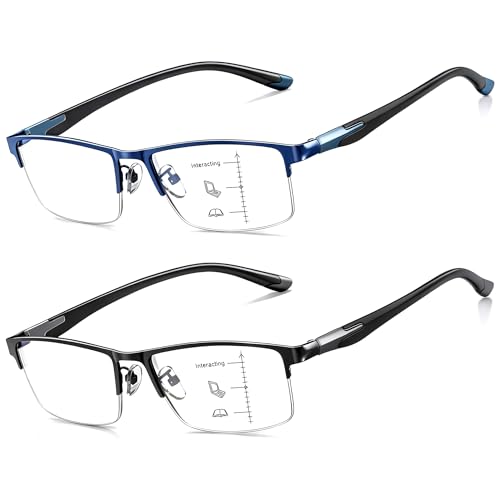 CARA Ultra Lightweight Progressive Multifocus Reading Glasses Men Metal Frame Flexible TR90 Bi-color Temples with Blue Light/UV400 Protection Multifocal Computer Readers(Black+Blue +2.50)