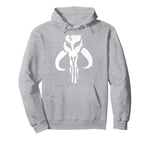Image of Star Wars Mandalorian Large Distressed Mythosaur Skull Pullover Hoodie, Adult Unisex, Heather Grey, XX-Large