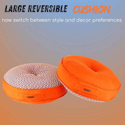 Image of Reversible 60x60x10 cm Woven Quilted Orange Floor Cushion with Cotton Filler for Seating, Patio Seat, Meditation, Yoga, Pooja, Guests, Living Room, Bedroom, Large Size 24x24x4 Inch