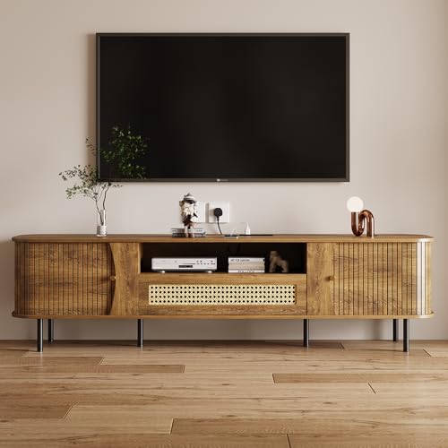 With Power Outlet And Sliding Doors, Rattan Entertainment Center With Storage, Wood Media Console,tv Consoles For Living Room,walnut