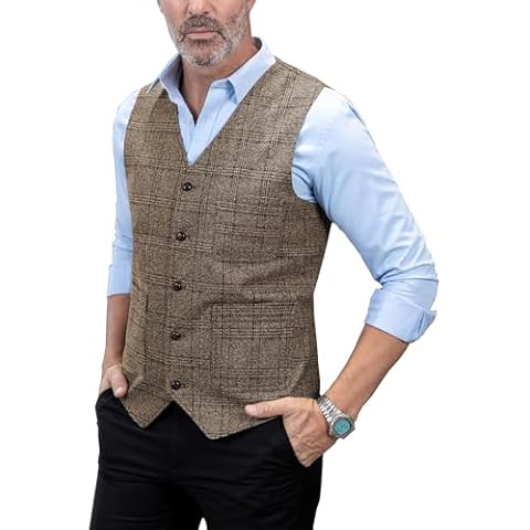 Mens Vintage Suit Vest Plaid Tweed Regular Fit Waistcoat for Wedding Groomsmen(Brown,L) Cover