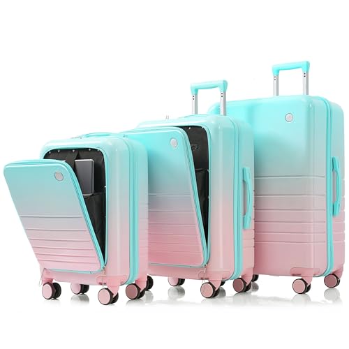 Luggage Set of 3,20,24,28inch with USB Port,20,24inch with front opening design Airline Certified Carry on Luggage with Cup Holder,ABS+PC Hard Shell Luggage with Spinner Wheels,light blue2