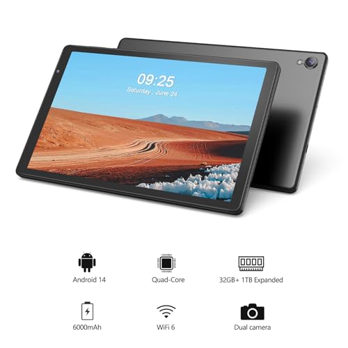 Image of PRITOM Tablets 10 inch, TAB10 Android 14 Tablet, Quad-Core, WiFi, 32 GB, 6000mAh, HD IPS Display, Dual Camera, Bluetooth (Gray)