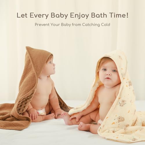 Image of Baby Bath Towels for Newborn 100% Muslin Cotton and Minky Dot Fabric Neutral Hooded Baby Towels Set 2 Pack for Boys Girls Ultra Soft and Absorbent 30 x 30 Inch Brown & Koala
