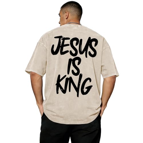 Hiehiety Christian Jesus is King Shirts Men God Religious Faith Bible Verse Tshirts Oversized Vintage Graphic Acid Wash Tees (Apricot XL)