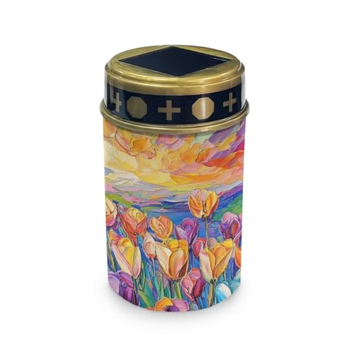 HUGS IDEA Luces de tumba con estampado de tulipanes con energía solar, linternas conmemorativas florales de ABS, impermeables, iluminación solar para jardines de cementerio, patios y exhibiciones