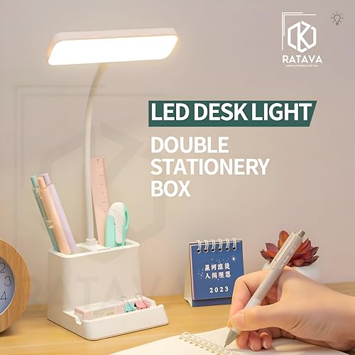 Image of Rechargeable 3-Color LED Desk Lamp with Phone Holder & Pen Stand - Adjustable Brightness Study Light for Students, Kids, Office - Touch Control, Eye Protection, Portable Desk Lighting (White)