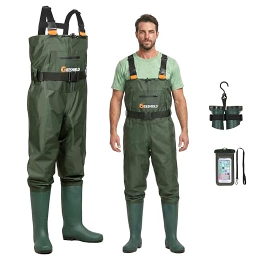GIEESHIELD Waterproof Bootfoot Chest Waders for Men and Women, Lightweight 2-Ply Nylon/PVC Fishing & Hunting Waders with Boot Hanger - Green (Green, 11)