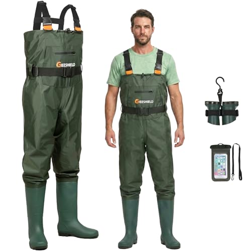 GIEESHIELD Waterproof Bootfoot Chest Waders for Men and Women, Lightweight 2-Ply Nylon/PVC Fishing & Hunting Waders with Boot Hanger - Green (Green, 11)