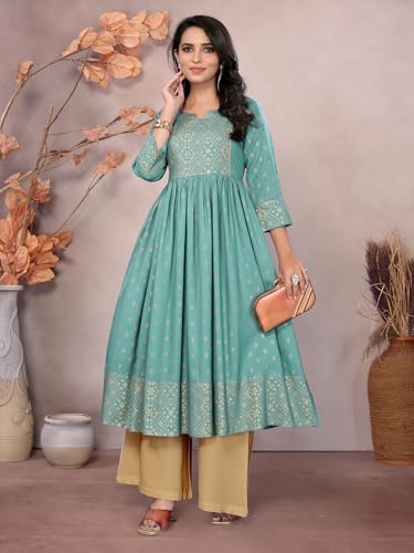 Image of rangita Women Rayon Regular Fit Calf Length Printed Anarkali Kurti | Kurta
