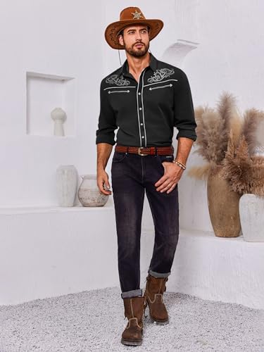Runcati Mens Western Cowboy Shirt Button Down Long Sleeve Embroidered Casual Slim Fit Vintage Dress Shirts4