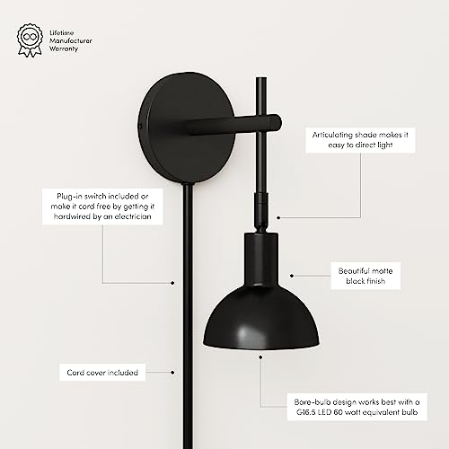 Image of Nathan James Tamlin Wall Light Fixture, Wall Mounted 1-Light Lamp, Plugin Sconce with On /Off Switch for Living Room, Reading Nook or Bedroom, Matte Black